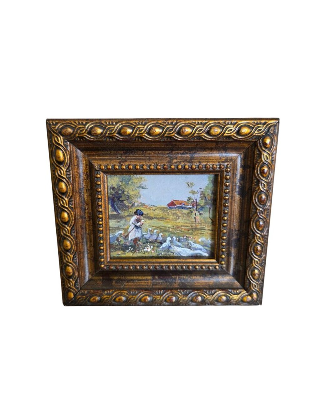 Vintage Miniature  K.Geis Girl with Geese Farmhouse Oil Painting on Paper 5" x 5